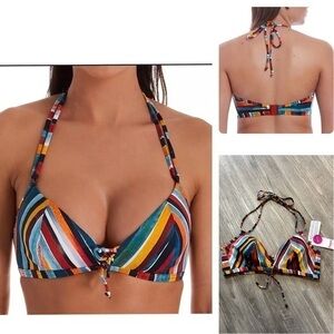 Nwt FREYA bali multicolour triangle halter lightly padded bikini swim top. 34D.